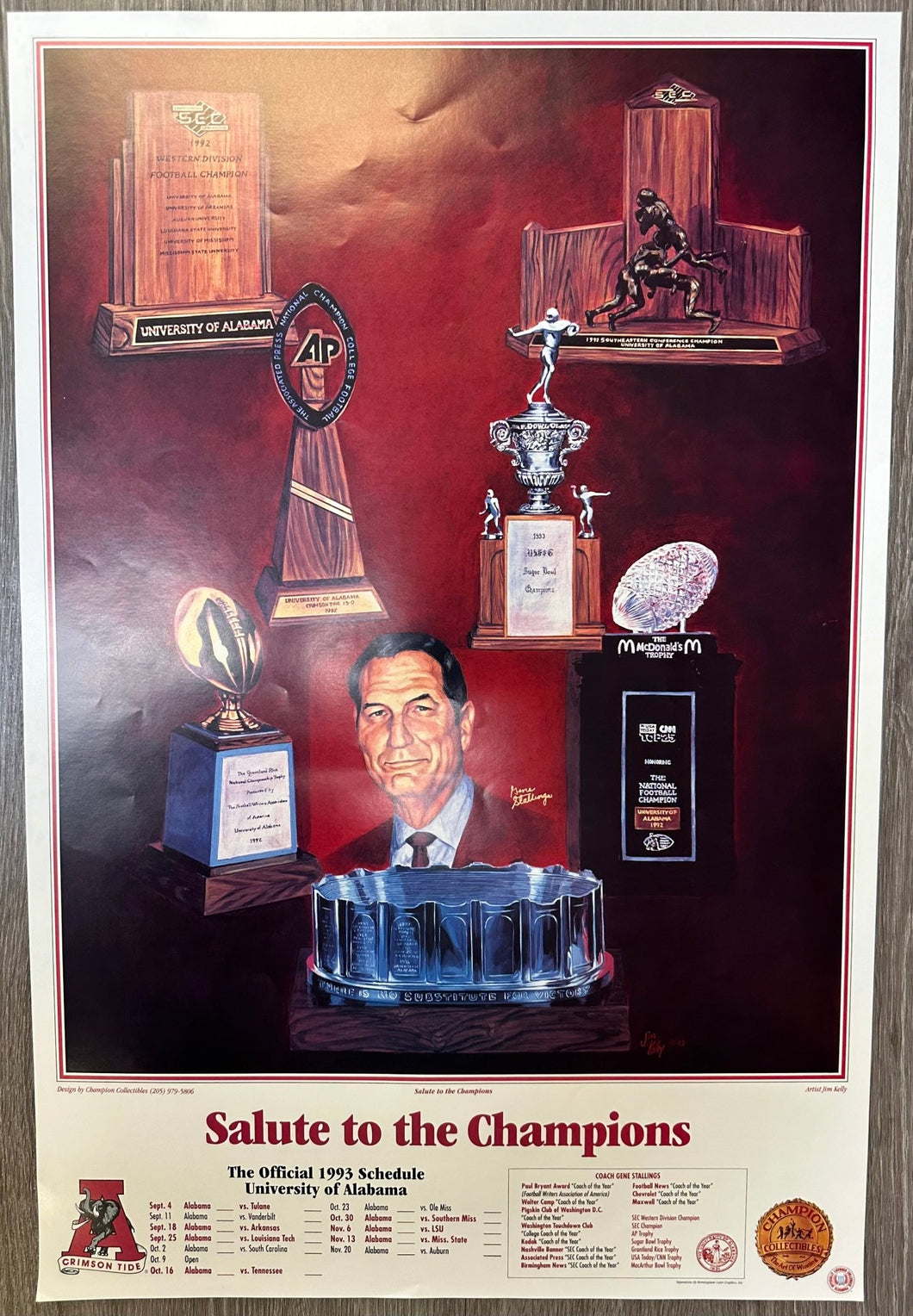 1993 National Champs X Gene Stallings Poster Print (27”X18”) - Alabama VTG
